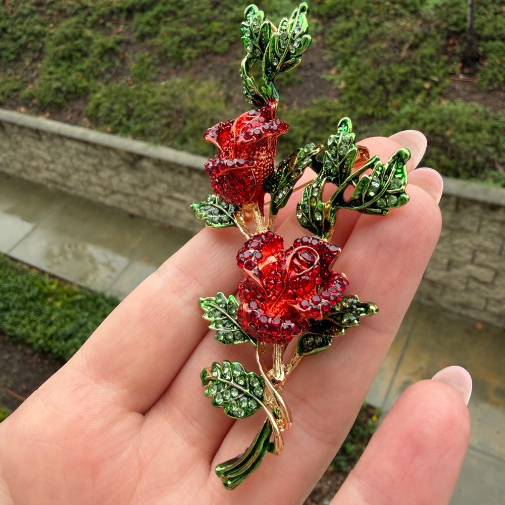 Red Crystal Rose Brooch | Floral Rhinestone Statement Pin - Picture 4 of 5
